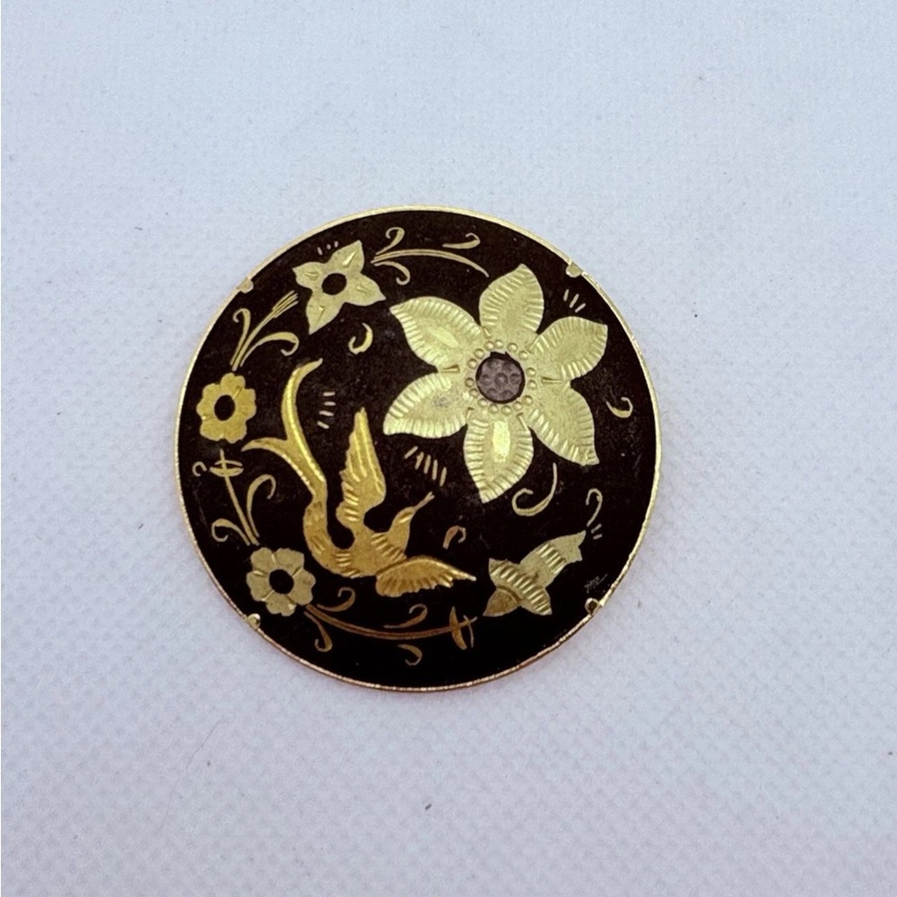 Vintage Matte Black Gold Tone Damascene Pin Bird Flower Lapel 2” Round Domed